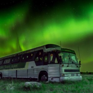 Bus in Gimli Manitoba Canada with Northern Lights