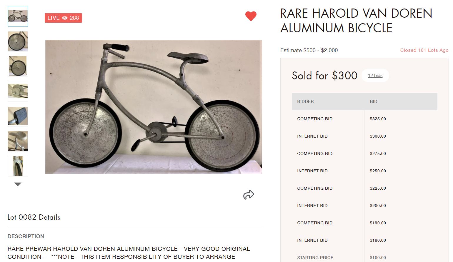 Harold Van Doren aluminum streamlined bicycle 1930s at auction in