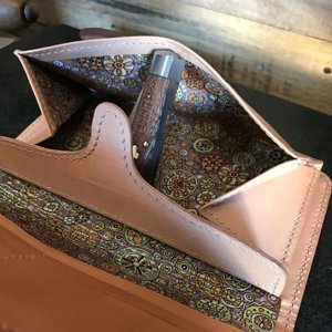 japanese style long wallet in havana saddle & calf, lined with vintage acetate