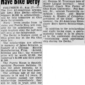 Newspaper Boys Bicycle Derby, Scholarships offered in Memory of Ignaz Schwinn, North Carolina, 1949